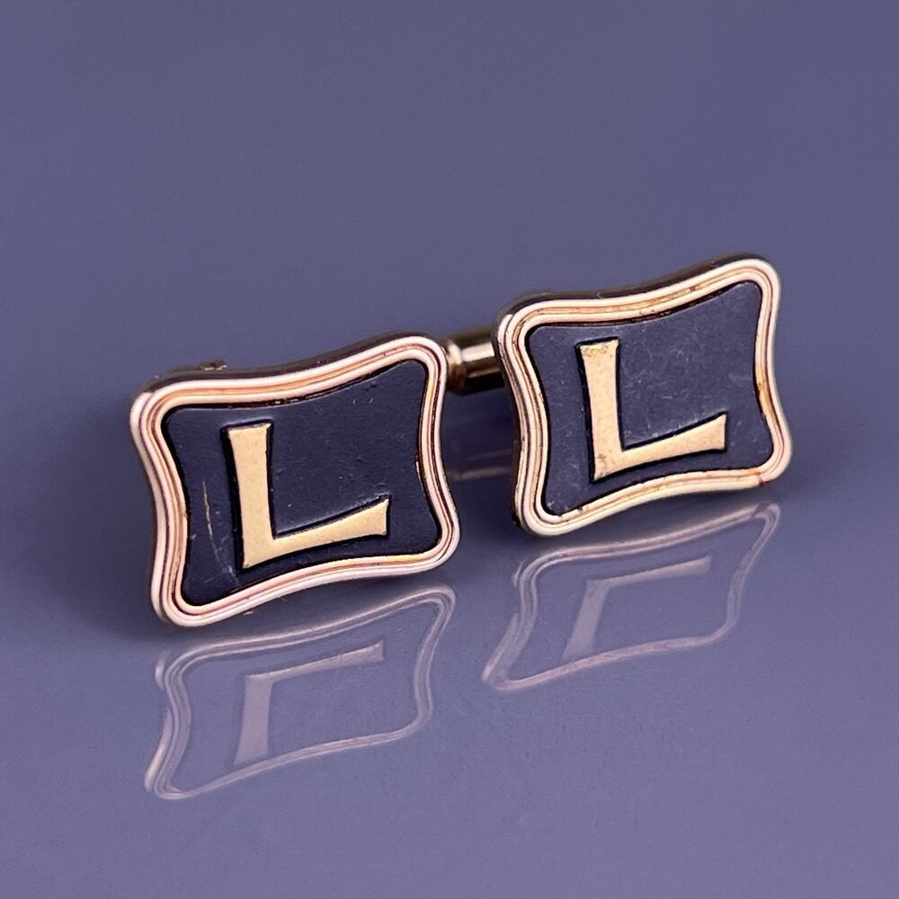 L Initial Cufflinks Gold Tone Rectangle Block Letter Monogram Hickok Vintage